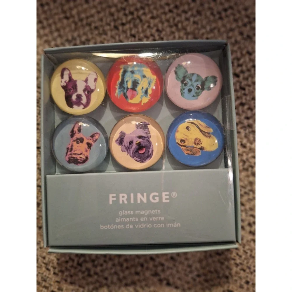 Fringe Set of 6 Glass Magnets with Assorted Dogs Faces New in Box‎